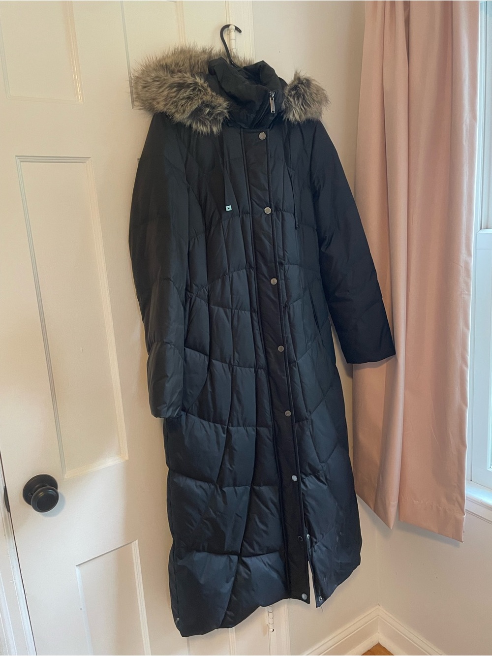 London Fog Black Long Quilted Puffer Coat with Faux Fur Hood
